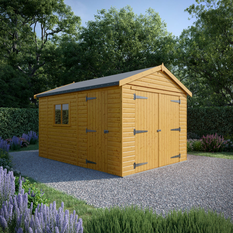 14x10 Wooden Garage - Double Doors Plus Single Door - Windowed