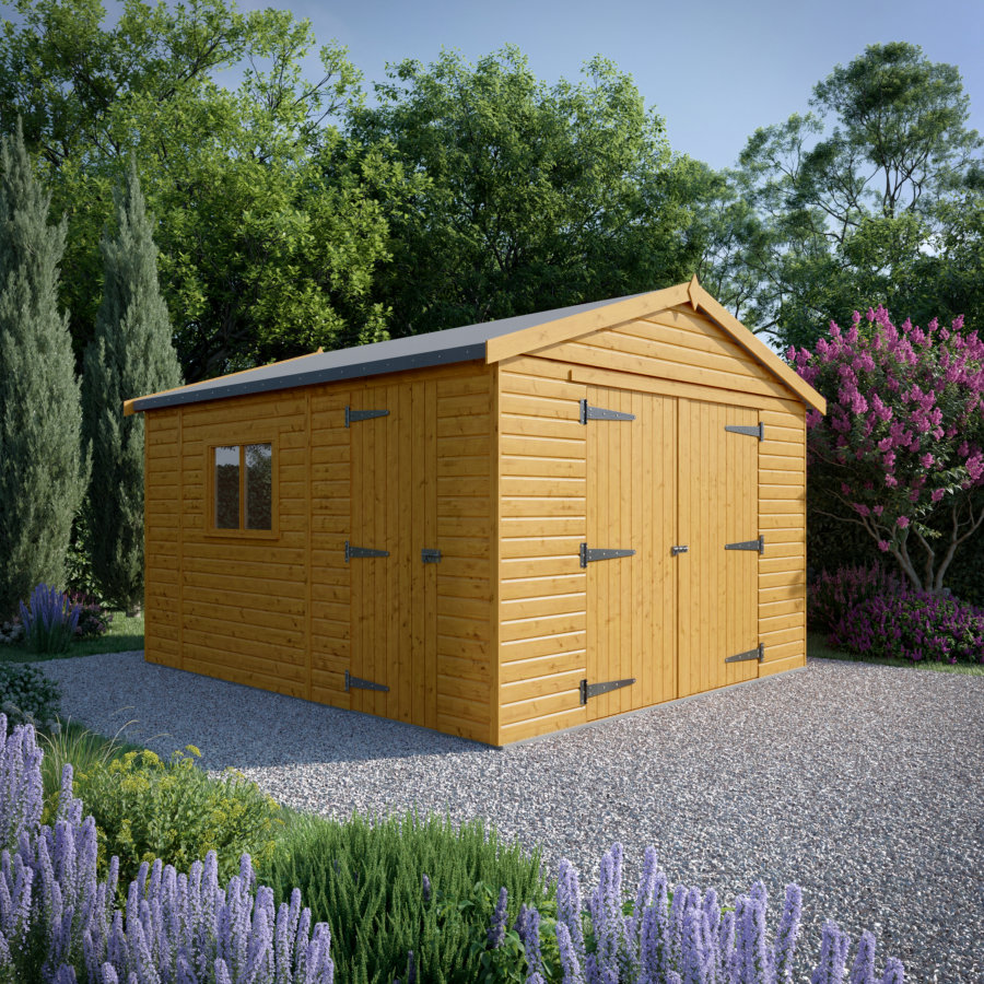 14x12 Wooden Garage - Double Doors Plus Single Door - Windowed