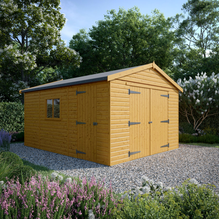 16x12 Wooden Garage - Double Doors Plus Single Door - Windowed