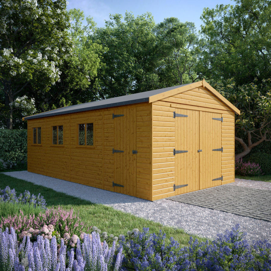 24x12 Wooden Garage - Double Doors Plus Single Door - Windowed